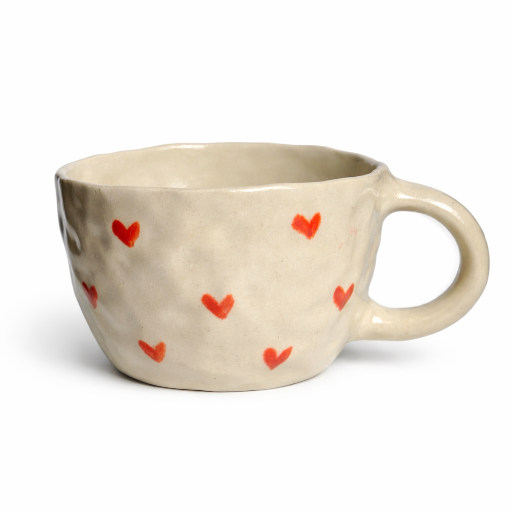 Hearty Heart | handgemachte Keramiktasse mit roten Herzen aus Steinzeug