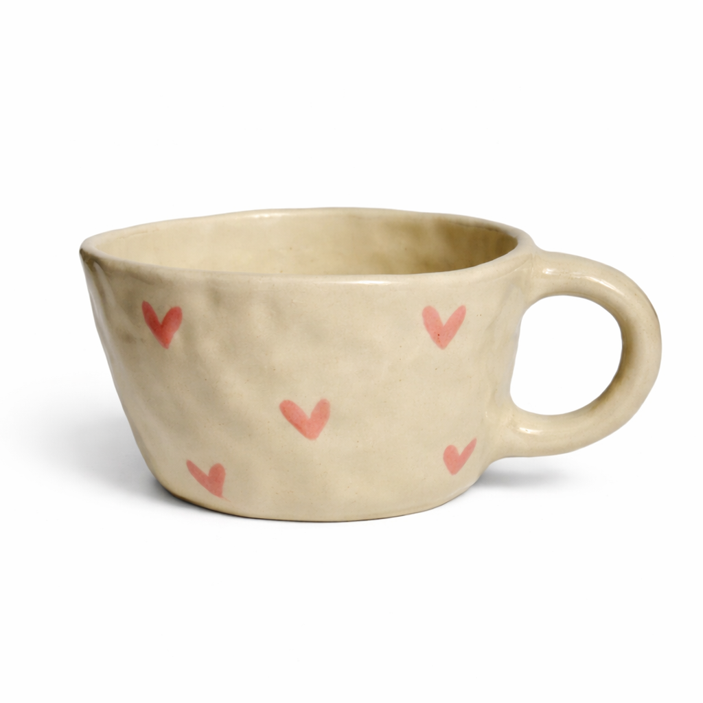 Love Rosie | handgemachte Keramiktasse mit rosa Herzen | Steinzeug