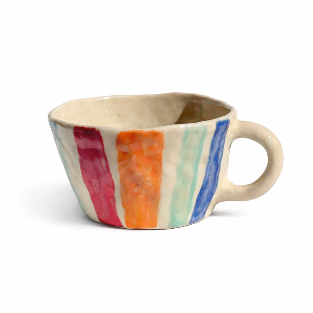Rainbow | handgemachte Keramiktasse mit bunten Streifen | Steinzeug | B-WARE